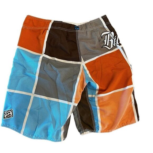 Billabong Mens Board Shorts Fall Autumn Blue Orange Brown Plaid Surfer Size 34 - Picture 2 of 7